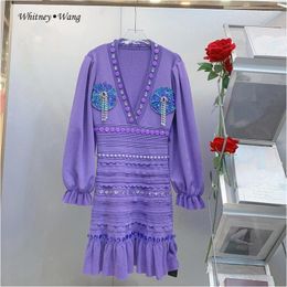 Casual Dresses WHITNEY WANG Designer Style 2024 Autumn Fashion Elegant Sequins Crystals Beading V-Neck Knitted Mermaid Dress Women Party