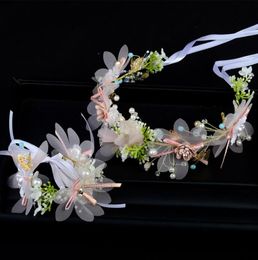 Bridal wedding headbands girls butterfly princess hair accessorieswristband 2pcs sets women pearls flowers ribbon Bows wreath Q092158407