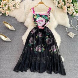 Casual Dresses Summer Dress Women Light Luxury Suspended Lace Fashion High Waist Slim Printed Splice Sleeveless A-line For