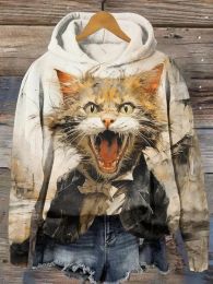 Sweatshirts Funny Cat Printed Women's Sweatshirt Hoodie Autumn Loose O Neck Fashion Casual Pullover Harajuku Anime Plus Size Female Clothing