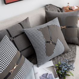 Top Pillow Case Creative Leather Patchwork Nordic Sofa Cushion Bay Window Bedroom Cushion Houndstooth Grey Horse Head Light Luxury Pillow Cover