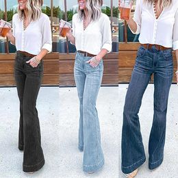 Women High Street Denim Flare Pants Vintage Fashion Solid Color Multipocket Jeans Ladies Waist Wide Leg Bootcut Trousers 240229