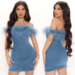 Off Shoulder Burr Sheath Denim Dress Ins Style Girl Large Size Skirt Women