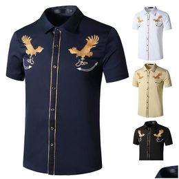 Men'S Casual Shirts Denim Shirts For Men Western Cowboy Embroidered Short Sleeve Button Black Drop Delivery Apparel Men'S Clothing Me Dhjsh