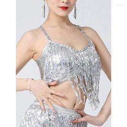 Stage Wear Women Sequin Tassel Crop Top Sexy Shiny Rave Party V-neck Cross Back Padded Bra Belly Dance Performance Costume Outfits