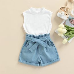 Clothing Sets CitgeeSummer Kids Toddler Girls Outfits Sleeveless Ribbed Knit Tops Denim Shorts Clothes Set