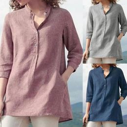 Women's Blouses Elegant Cotton Linen Shirts Women Casual Solid Button Lapel Autumn Winter 3/4 Sleeve Loose Tops Tunic Blusas