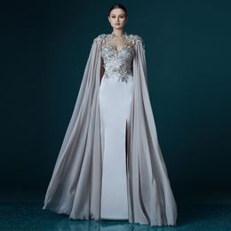 New Elegant Gray Chiffon Long Cloak Lace Appliques Straight Evening Dress Vestidos Prom Lady Maxi Gown Flowing Event Celebrity Lon298p