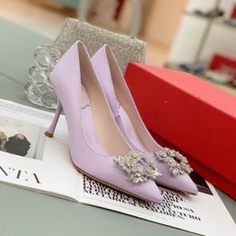 Casual Designer Fashion Women Sexy Purple Satin Genuine Leather Pointy Toe Crystal Strass High Heels Stiletto Stripper Bride Wedding Shoes