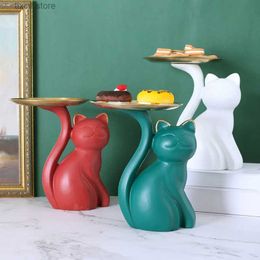 Decorative Objects Figurines Nordic Fortune Cat Statue Ornament Desktop Key Storage Living Room Decorative Tray Resin Decorative Lucky Cat Statue Craft Gifts T240