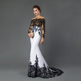 Long Sleeve Mermaid Evening Dress Appliques black lace sweep train formal Gowns Cocktail party provide Dresses238y