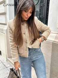 Elegant Women Camel Tweed Jacket Autumn Long Sleeve Button Frayed Cropped Jacket Female Fashion O-neck Pocket Short Coats 240301