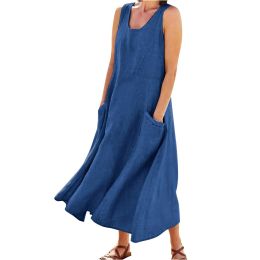 Dress Vintage Cotton Linen Long Dresses for Women Summer Solid Colour Sleeveless Boho Maxi Dress Pocket Loose Tank Dress Plus Size 5XL