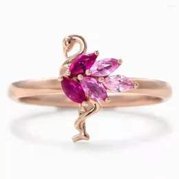 Cluster Rings Fashion Luxury 925 Sterling Silver Pink Flamingo Ring Dainty Rose Gold Animal Jewellery Girlfriend Lover Gift