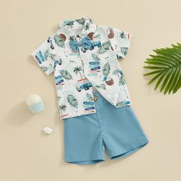 Clothing Sets Toddler Baby Boy Summer Clothes Coconut Tree Print Short Sleeve Button Down Shirt With Bowtie Solid Colour Shorts Set Gentleman