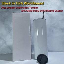 USA Local Warehouse Sublimation 20oz Straight Skinny Tumblers with Metal Straw Adhesive Rubber Coasters Stainless Steel Double Wal303I