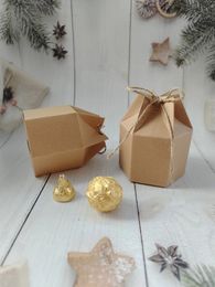 10 pieces of kraft paper with hemp rope hexagonal packaging box candy box and gift packaging box 240309