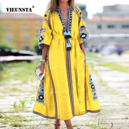 Dress 2023 Vestido Spring Summer Women's Boho Dress Fashion Elegant Sexy VNeck Retro Digital Printed Tassel Puff Sleeve Mid Length Dr