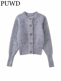 Sweaters Puwd Women O Neck Grey Rib Knit Cardigans 2022 Autumn Fashion Girls Casual Girls Solid Colour Long Sleeves Sweaters