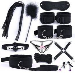 BlackPinkPurpleRed Leather Plush Erotic BDSM Sex Kits Bondage Handuffs Sex Whip Nipple Clamps Erotic Sex Toys For Adult Game Y22832186