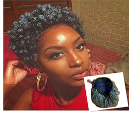 Fabulous short grey kinky ponytail human hair extension for black women afro puff silver grey two tone blend salt n pepper natural7840918