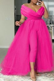 Plus Size Formal Casual Outfit Solid Off The Shoulder V Neck Tulle Jumpsuit With Tulle Skirts 240306