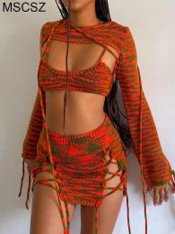 Dresses 3 Piece Set Women Sexy Outfits Long Sleeve Crop Top and Bandage Mini Skirt Sets Fashion Print Summer Suit Y2k Sets Streetwear