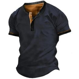 Mens Shirts Henley Plain Shirt V-neck Printed Top Vintage Cotton Oversized T Shirt Men Harajuku Clothes Streetwear Homme 240226