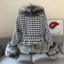 Fur 2023 New Youth Haining Women's Short Qianniao Grid Collar Silver Fox Beaver Hair Coat 482153