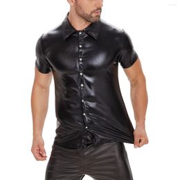 Bras Sets S-7XL Plus Size Mens Shiny Patent Leather Shirt Short Sleeve Elastic Shaping Tops Turn-down Collar Casual Streetwear Blouse