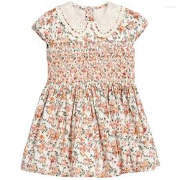 Girl Dresses Summer Kids Floral Printed Light Orange Peter Pan Collar Lace Smock Lantern Girls 2-7yrs Cotton