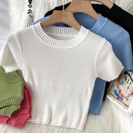 Women's T Shirts Korean Style Solid Knitted T-shirt Women Summer Short Sleeve Slim Simple Tops Fashion All-matched Knitwear