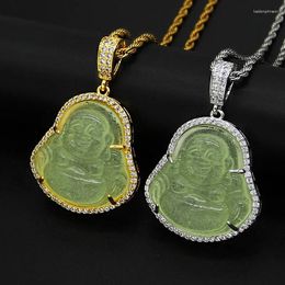 Pendant Necklaces Hip Hop Bling Iced Out Gold Colour Stainless Steel Luminous Maitreya Laughing Buddha Pendants For Men Women Jewellery