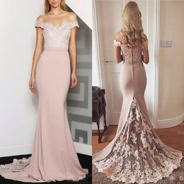 Bridesmaid Dresses New Cheap Off Shoulder Long Blush Pink For Weddings Lace Appliques Mermaid Plus Size Formal Maid of Honor Gowns210c