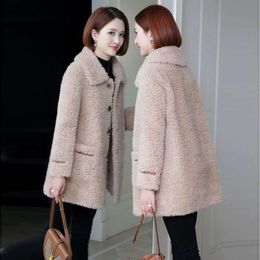 Haining Lamb For Women's 2023 Autumn/Winter New Long Sleeved Sheep Fleece Fur Integrated Coat Medium Length 325279