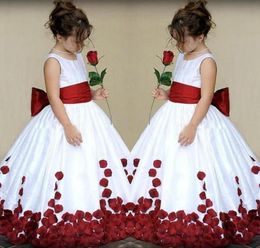 Fabulous Junior Girl Wedding Dress Long White and Dark Red Burgundy Flower Girl039s Dresses with Oversize Bow Sash Petals Floor8367511840