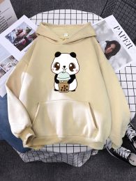 T-Shirt Hoody Little Panda Drinking Milk Tea Print Hoodie Streetwear Cute Winter Clothes Womens Oversized Loose Sweatshirts Women