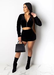 two piece set women zipper cropped hoodieshorts velvet tracksuit Black joggers matching sets sweat suit 240309