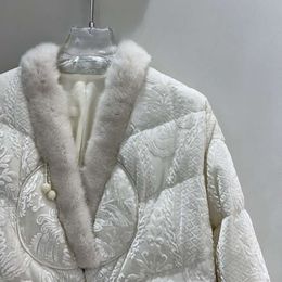 New High-End Chinese Style Mink Collar White Goose Down For Women's Short V-Neck Jacquard Warm Fur Jacket 186019