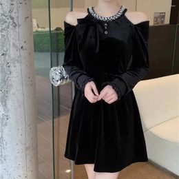 Casual Dresses Elegant Velvet Black Dress Temperament Strapless Long Sleeve Fashion Party Mini Woman Beading Halter Vestidos Mujer Robe