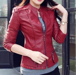 Women's Leather Burgundy Women Pu Short Slim Jacket Round Neck Zipper Coat Female Outerwear Fashion Jacke M-2XL Red Moto