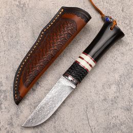 Damascus Fixed Blade Knife VG10 Damascus Steel Blade Rosewood Handle Outdoor Survival Straight Hunting Knife & Leather Sheath