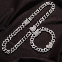 Chains 2Pc Set Rapper Full Heavy Heart-shaped Cuban Link Bracelet Iced Women For Men Necklcae Chain Prong Pave Luxury Hiphop Jewel276V