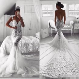 Mermaid Dresses Elegant Illusion Covered Buttons Back Lace Applique Chapel Train Custom Made Wedding Gown Vestido De Novia YD