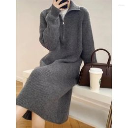 Casual Dresses Fashion Designer Polo Women Long Knitted Straight Dress Zipper Thick Warm Ladies Pullover Sweater Midi Robes Q770