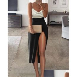 Basic & Casual Dresses Elegant Wedding Guest Dresses For Women Daily Beaded Strap Cowl Neck High Slit Sleeveless Lady Casual Cami Dro Dh2Hu