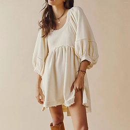 Casual Dresses Lantern Sleeve Dress Solid Color Women Quilt Short Drop Shoulder Three Quarter Loose Fit Daily Outfit
