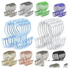 Hooks Rails 12 Pcs Set Shower Curtain Rings Stainless Steel Roller Anti-Rust Anti-Drop Double For Curtains Bathroom Drop Delivery Dhyeb