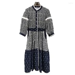 Casual Dresses Top Quality Cotton Dress 2024 Spring Summer Design Women Vintage Floral Print Lace Patchwork 3/4 Sleeve Mid-Calf Tunic