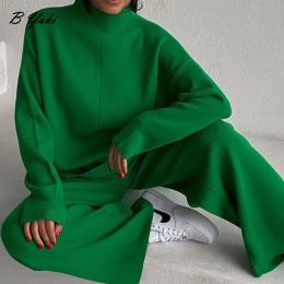 Capris Blessyuki Loose Knitted Pullovers Sweaters Suit Women 2023 Winter Solid Split Sweater and Pants 2 Piece Female Thicken Warm Sets